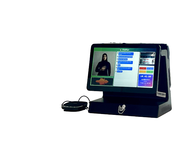 A tablet showing a sign language avatar on a desk in an office.