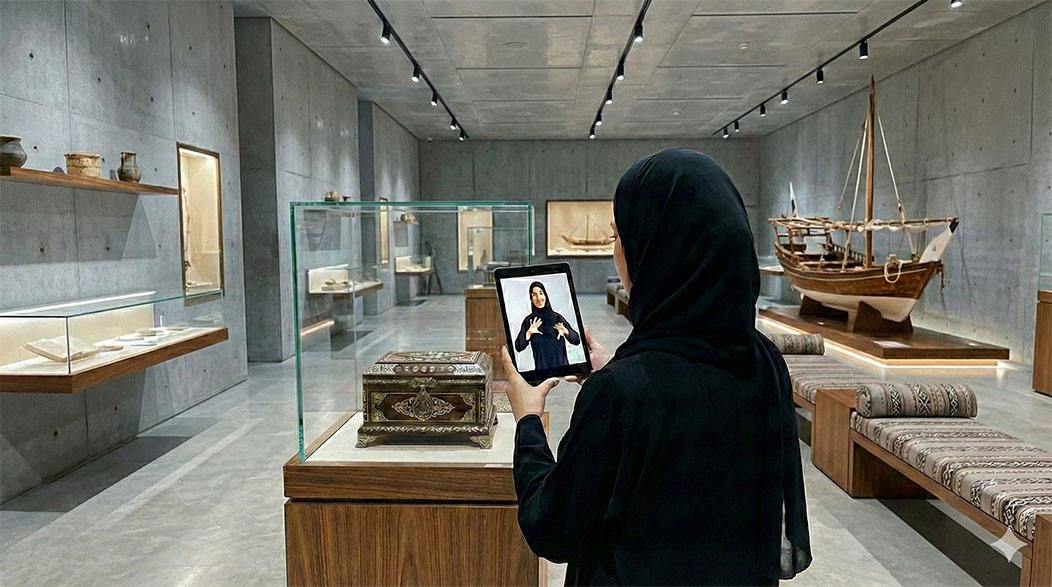 A tablet showing a sign language avatar on a desk in an office.