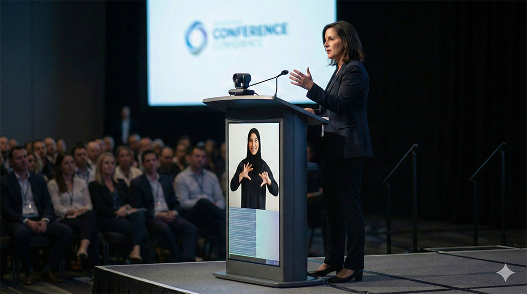 A tablet showing a sign language avatar on a desk in an office.