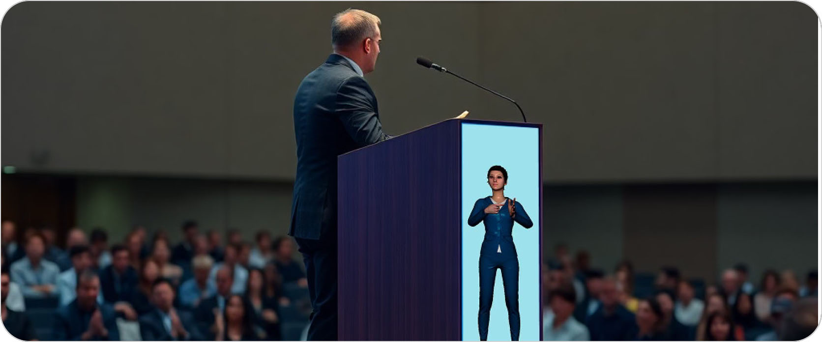 A tablet showing a sign language avatar on a desk in an office.