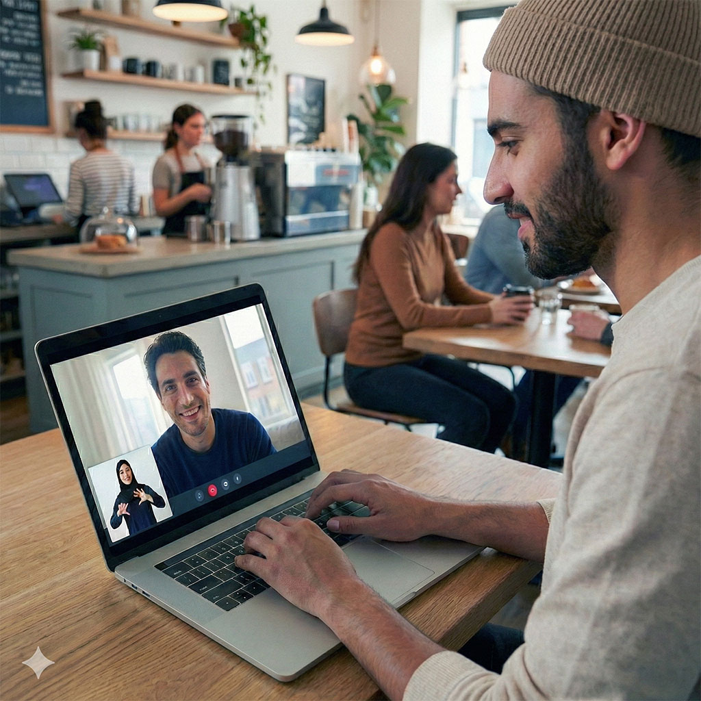 A tablet showing a sign language avatar on a desk in an office.