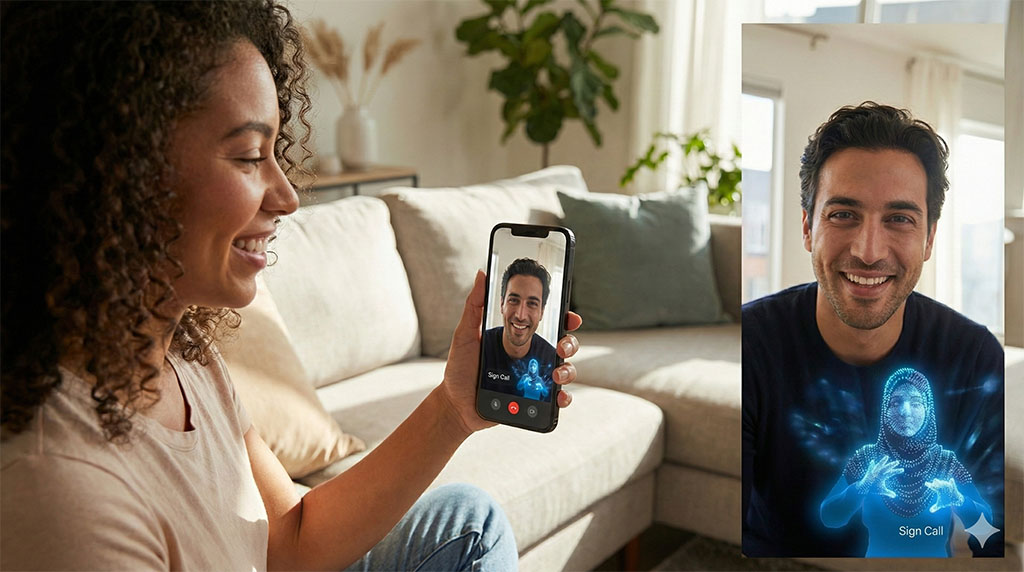 A tablet showing a sign language avatar on a desk in an office.