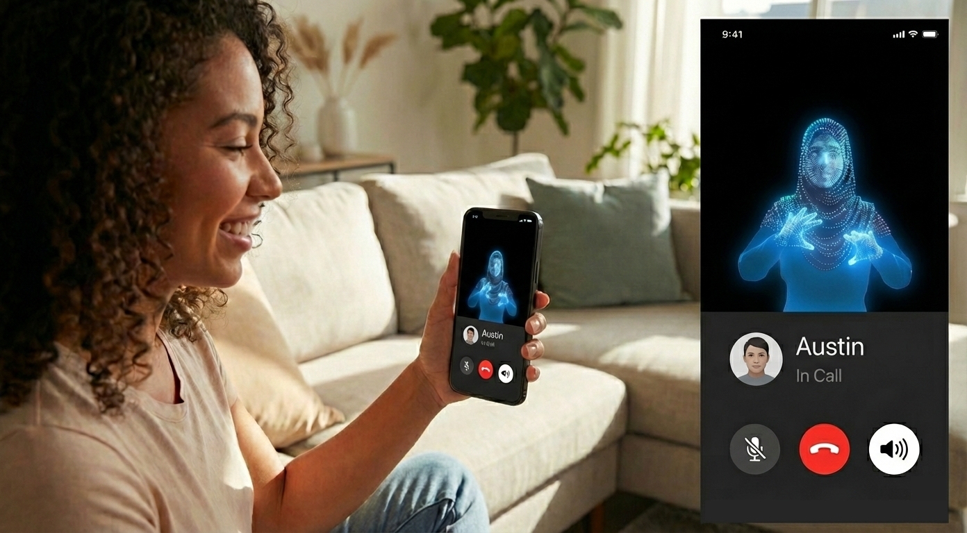 A tablet showing a sign language avatar on a desk in an office.